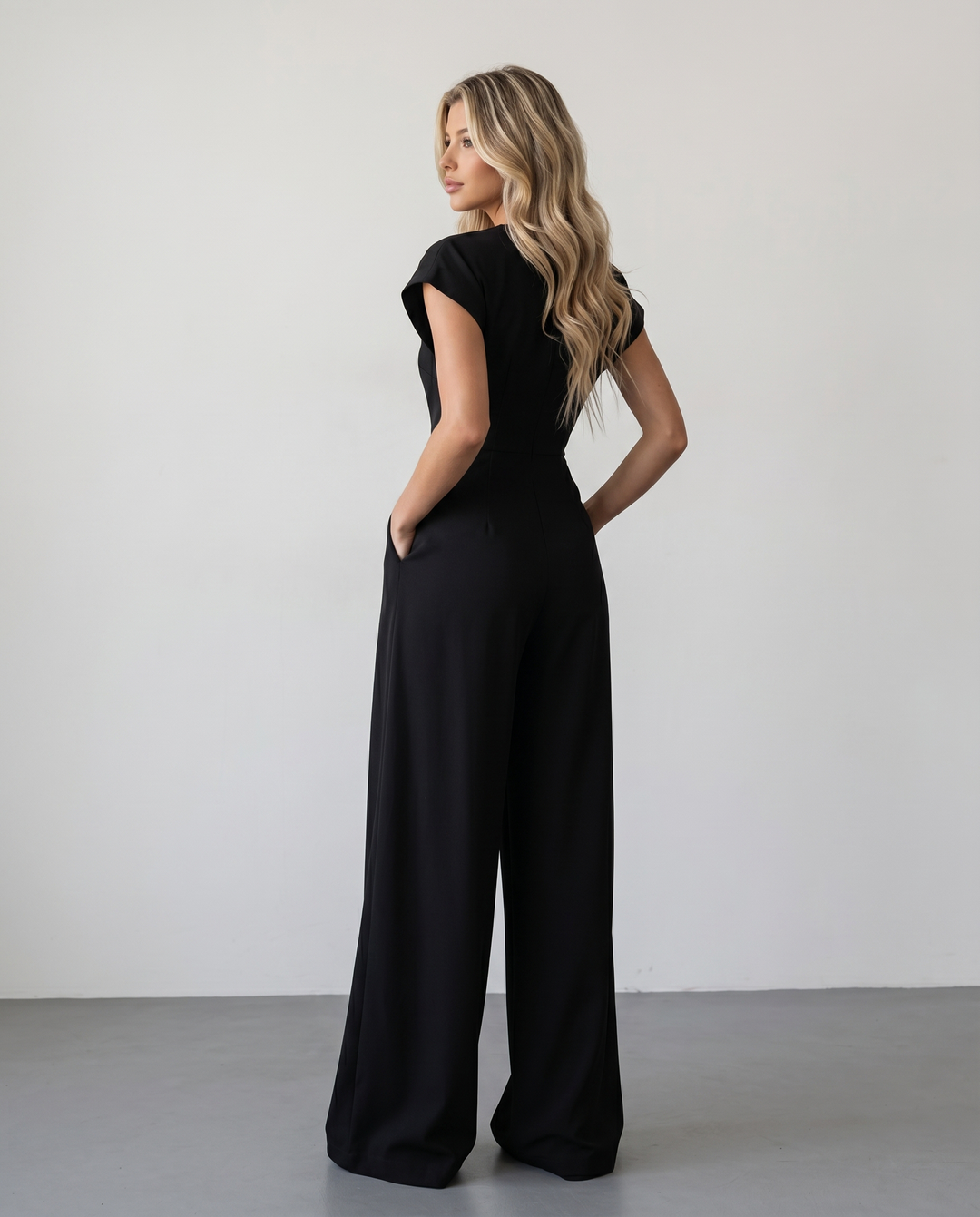 SOLACE  Black Fitted Waist Full Length Jumpsuit 