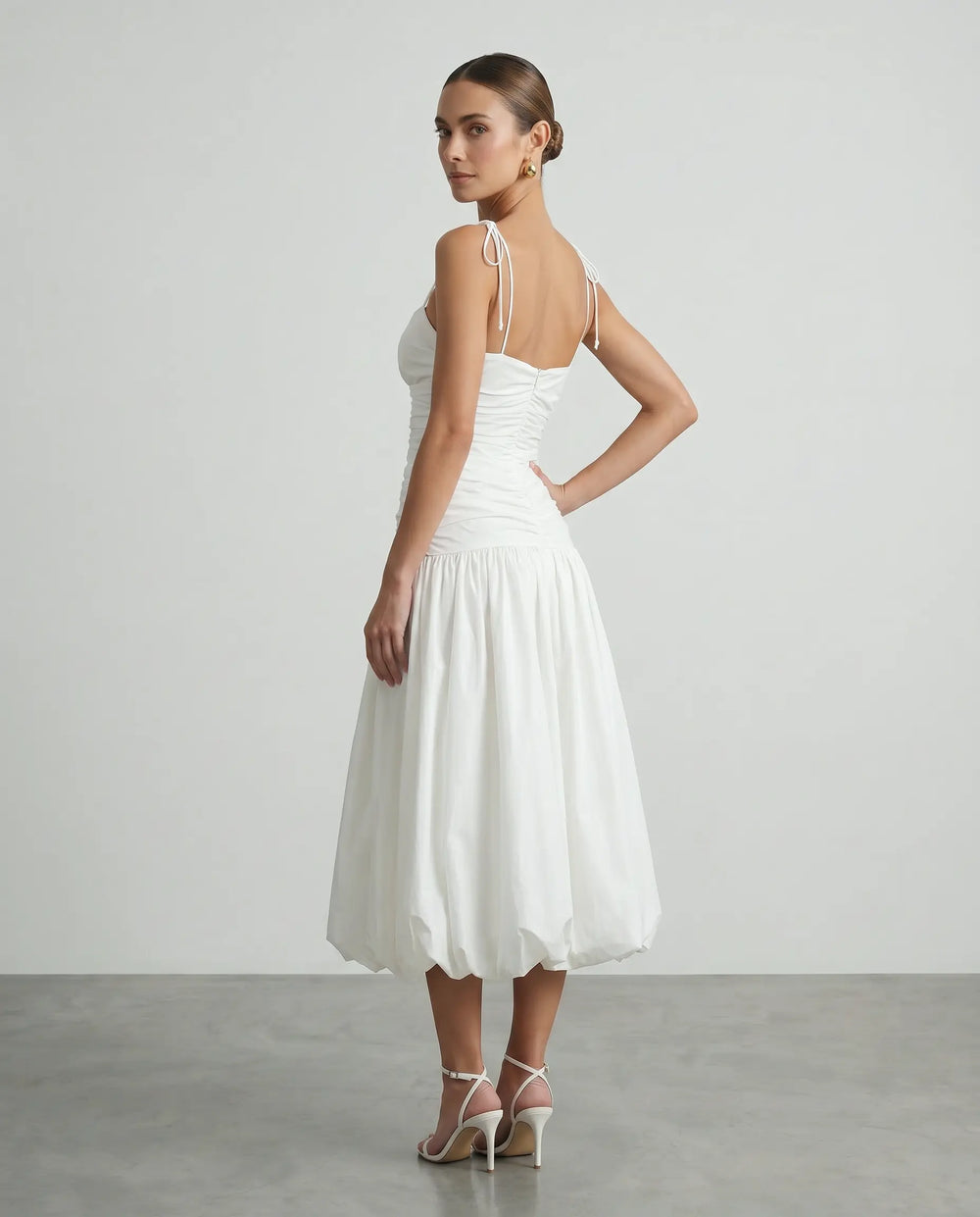 SOLACE  White Sleeveless Ruched Bustier Bubble Hem Midi Dress 