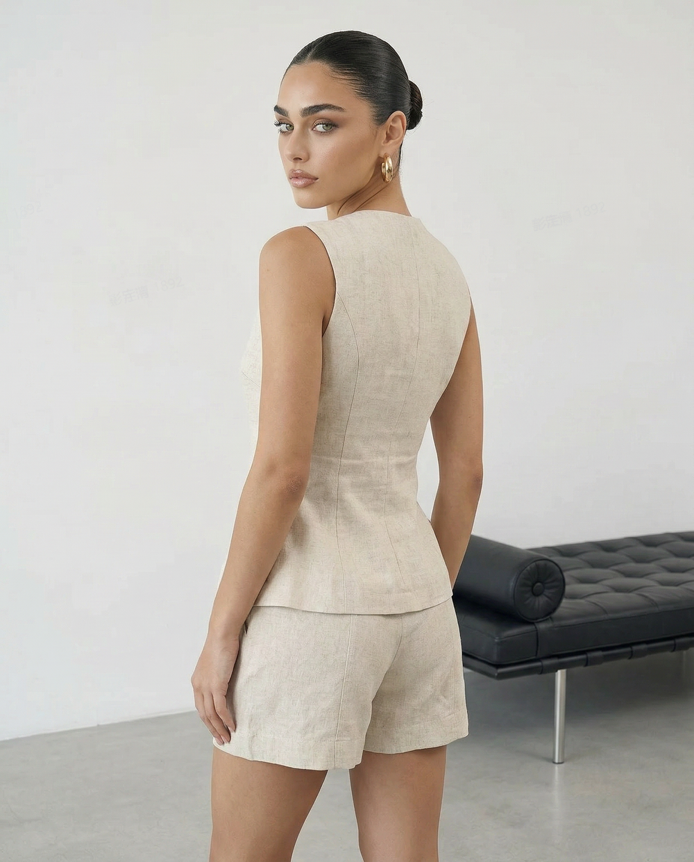 SOLACE  Beige Linen Blend Waistcoat Tailored Shorts Set 