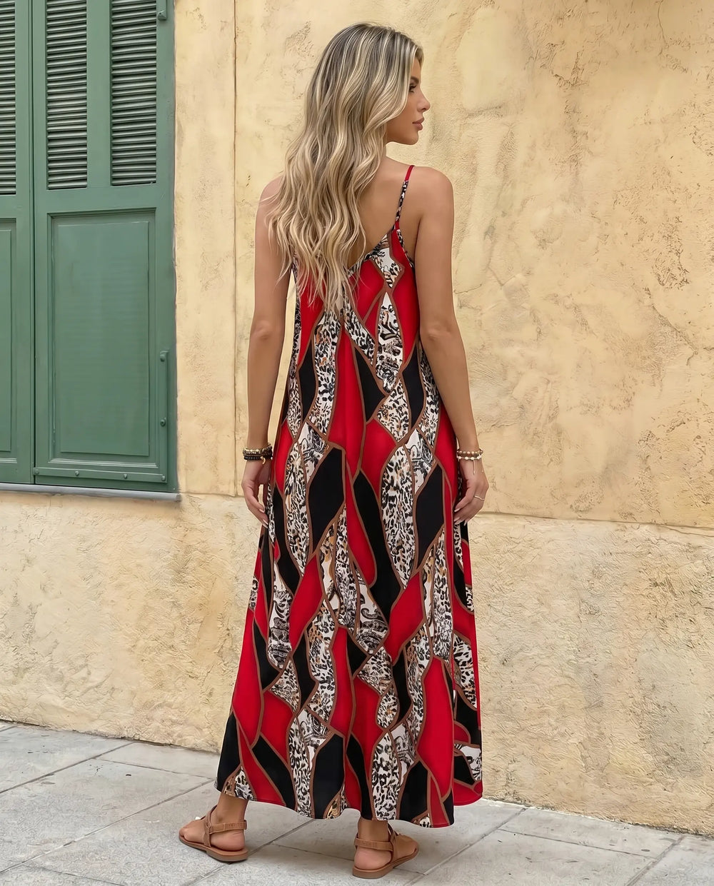 SOLACE  Leopard Print V Neck Spaghetti Strap Maxi Dress 