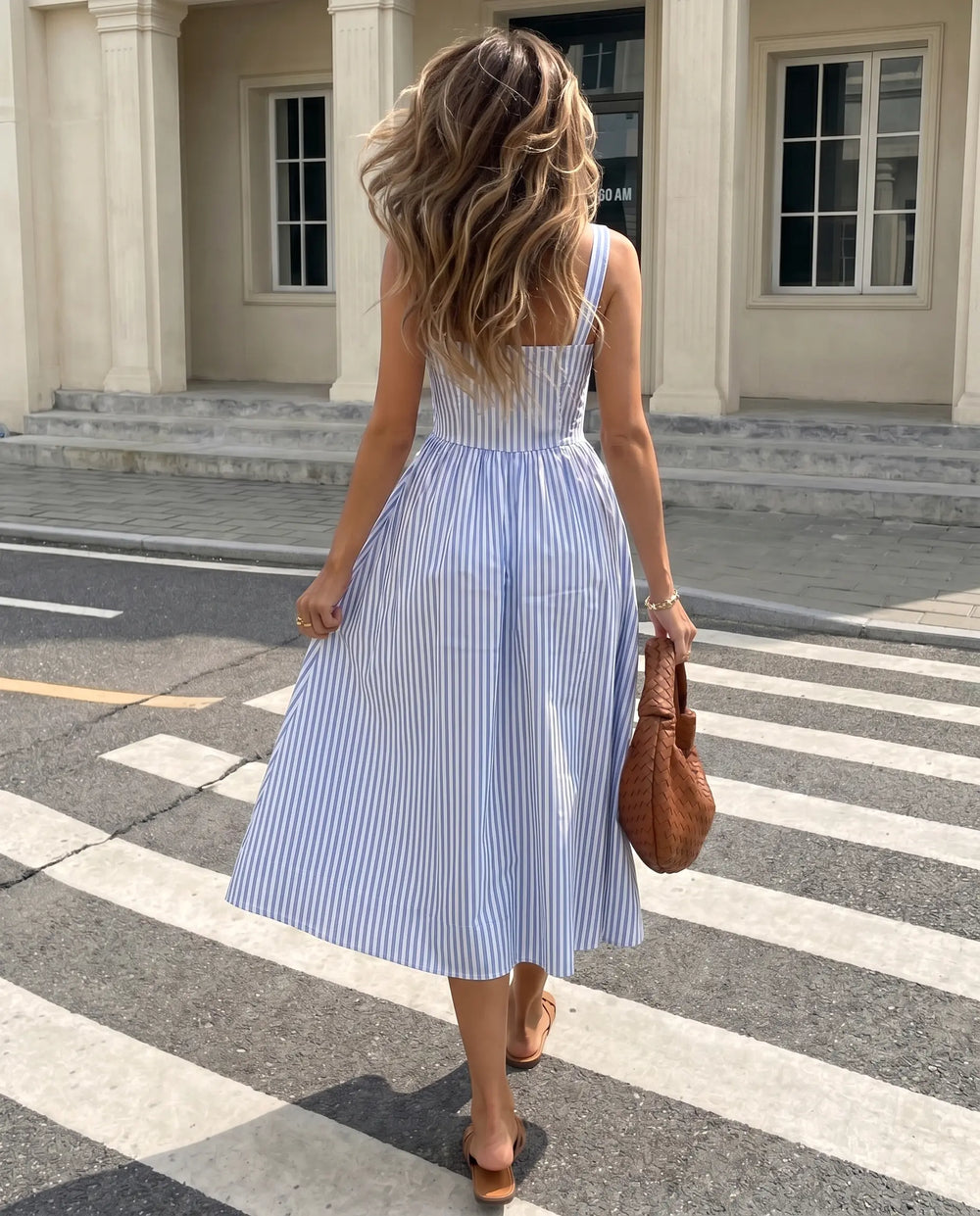 SOLACE  Blue Cotton Striped Tie Front Slim Fit Midi Dress 