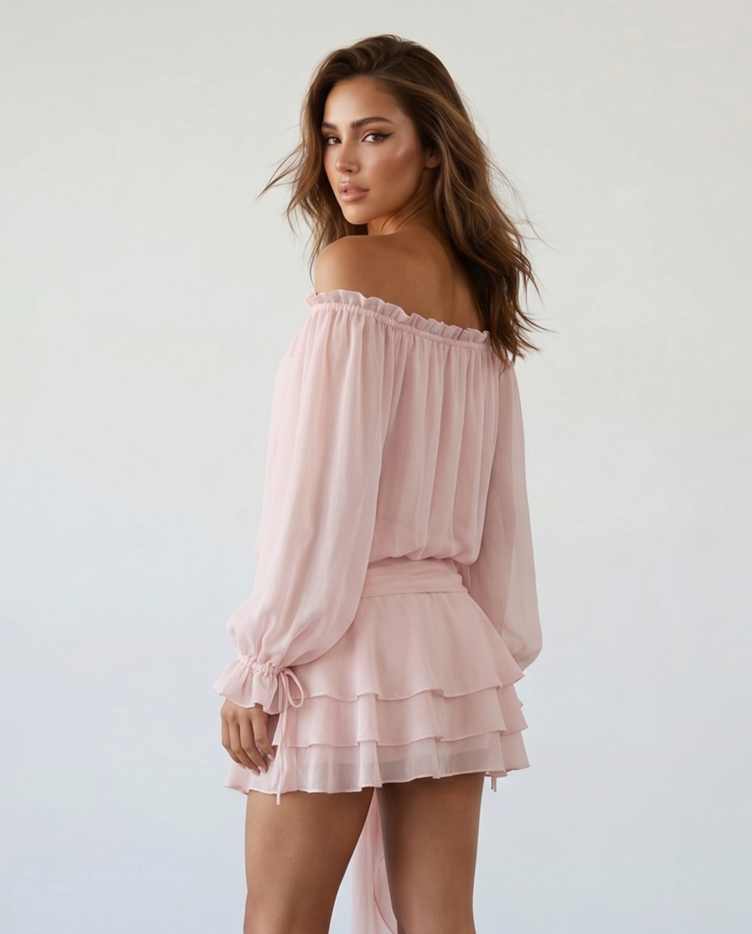 SOLACE  Beige Off-Shoulder Balloon Sleeve Ruffled with Floral Sash Mini Dress 