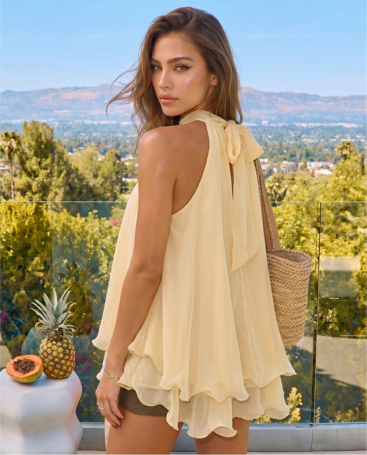 Yellow Double Layer High Neck Halter Sleeveless Blouse Top