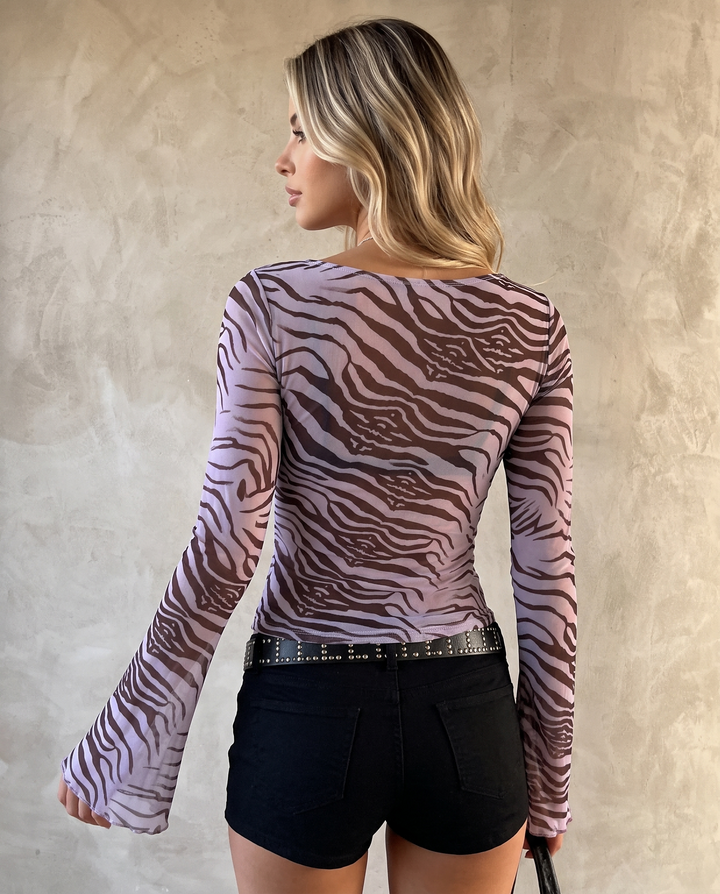 Sheer Mesh Zebra Pattern Boat Neck Flare Long Sleeve Top