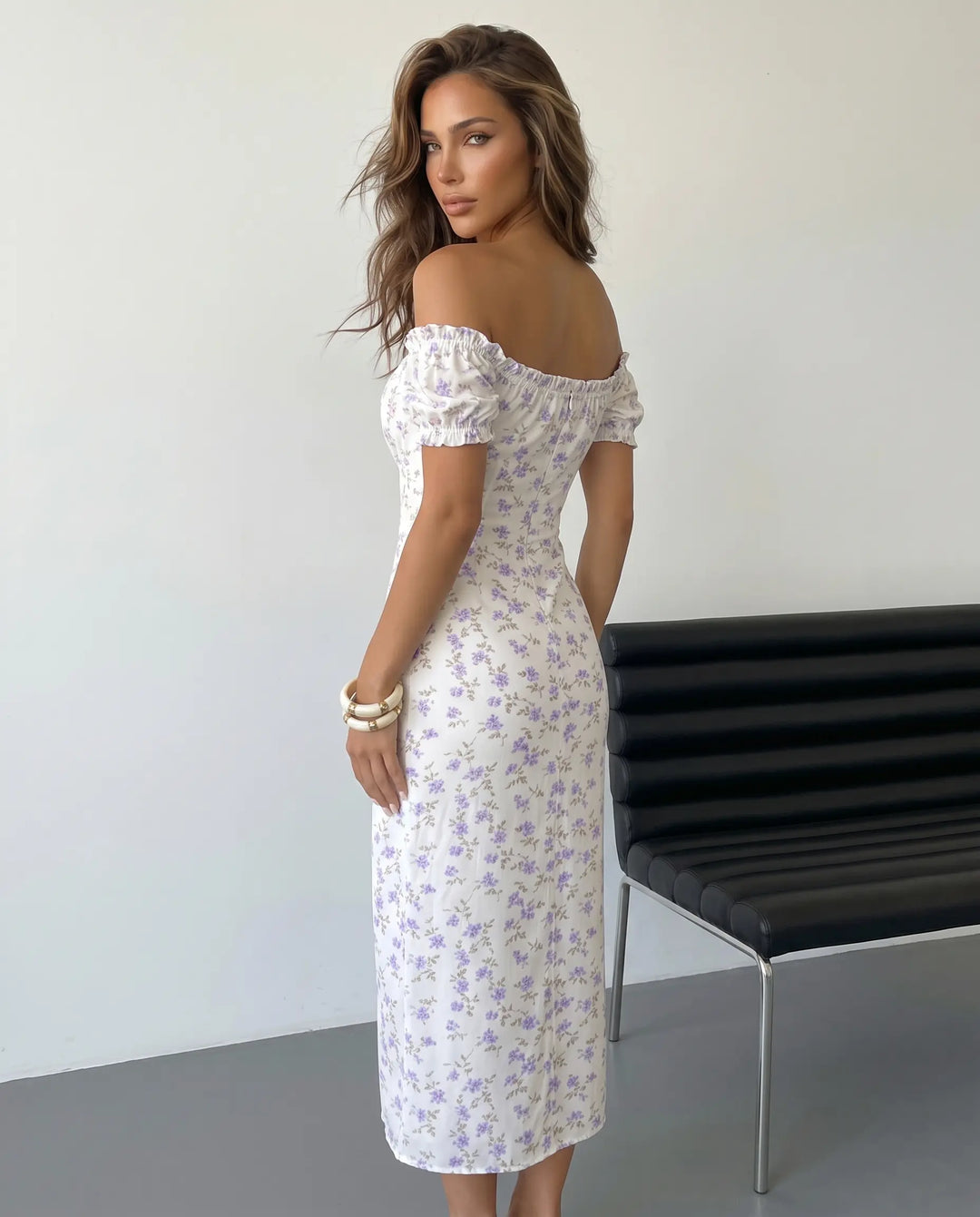SOLACE  White Floral Print Off Shoulder Midi Dress 