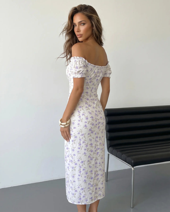 SOLACE  White Floral Print Off Shoulder Midi Dress 
