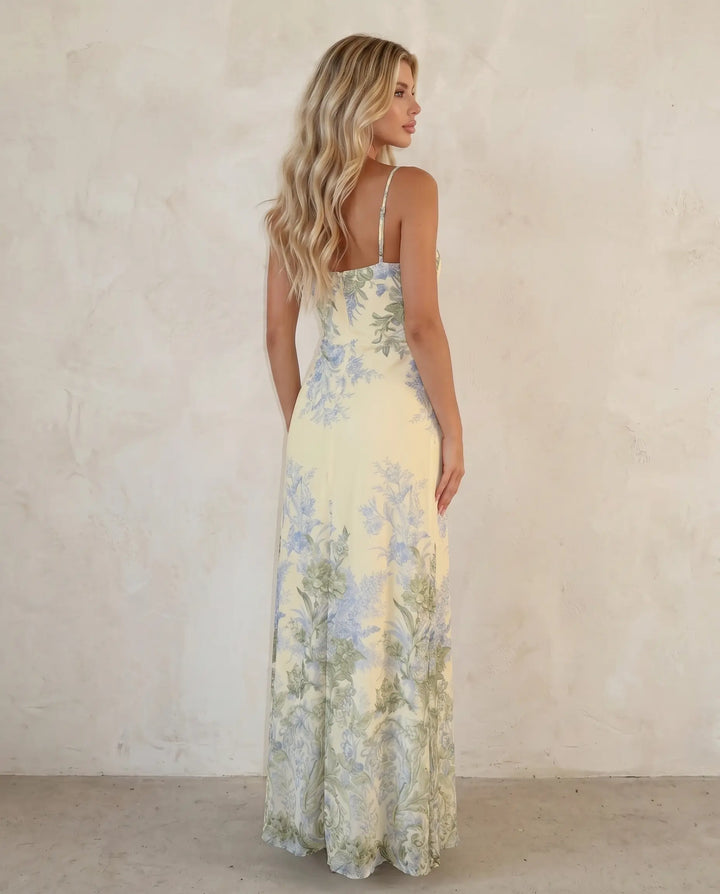 SOLACE  Yellow Floral Print Chiffon Maxi Dress 
