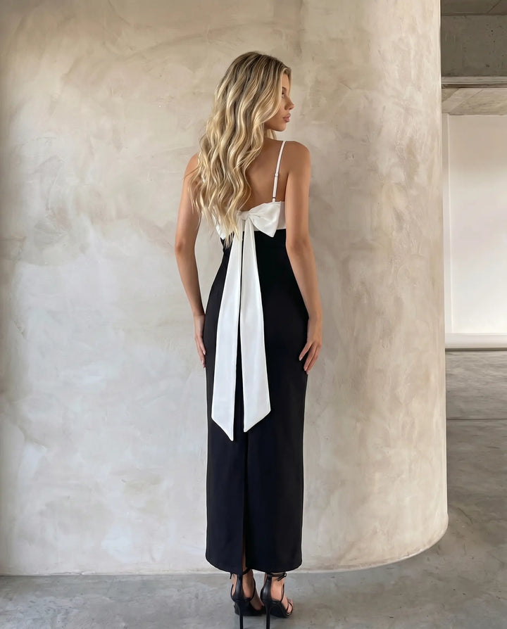 SOLACE  Black White Two-Tone Strapless Slim Fit Midi Dress 