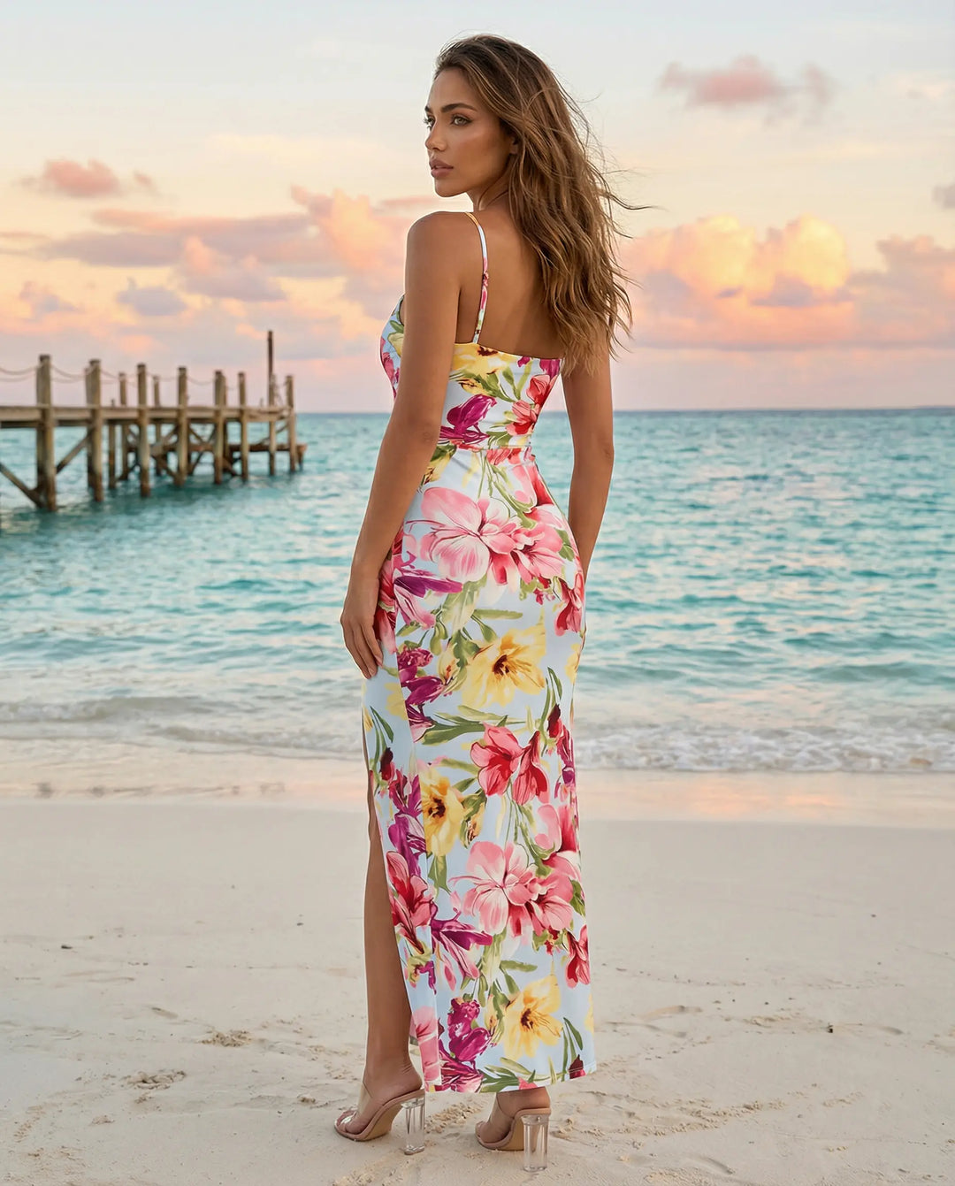 SOLACE  Floral Print Spaghetti Strap Slit Maxi Dress 