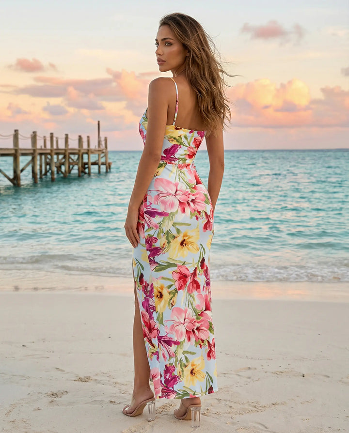 SOLACE  Floral Print Spaghetti Strap Slit Maxi Dress 