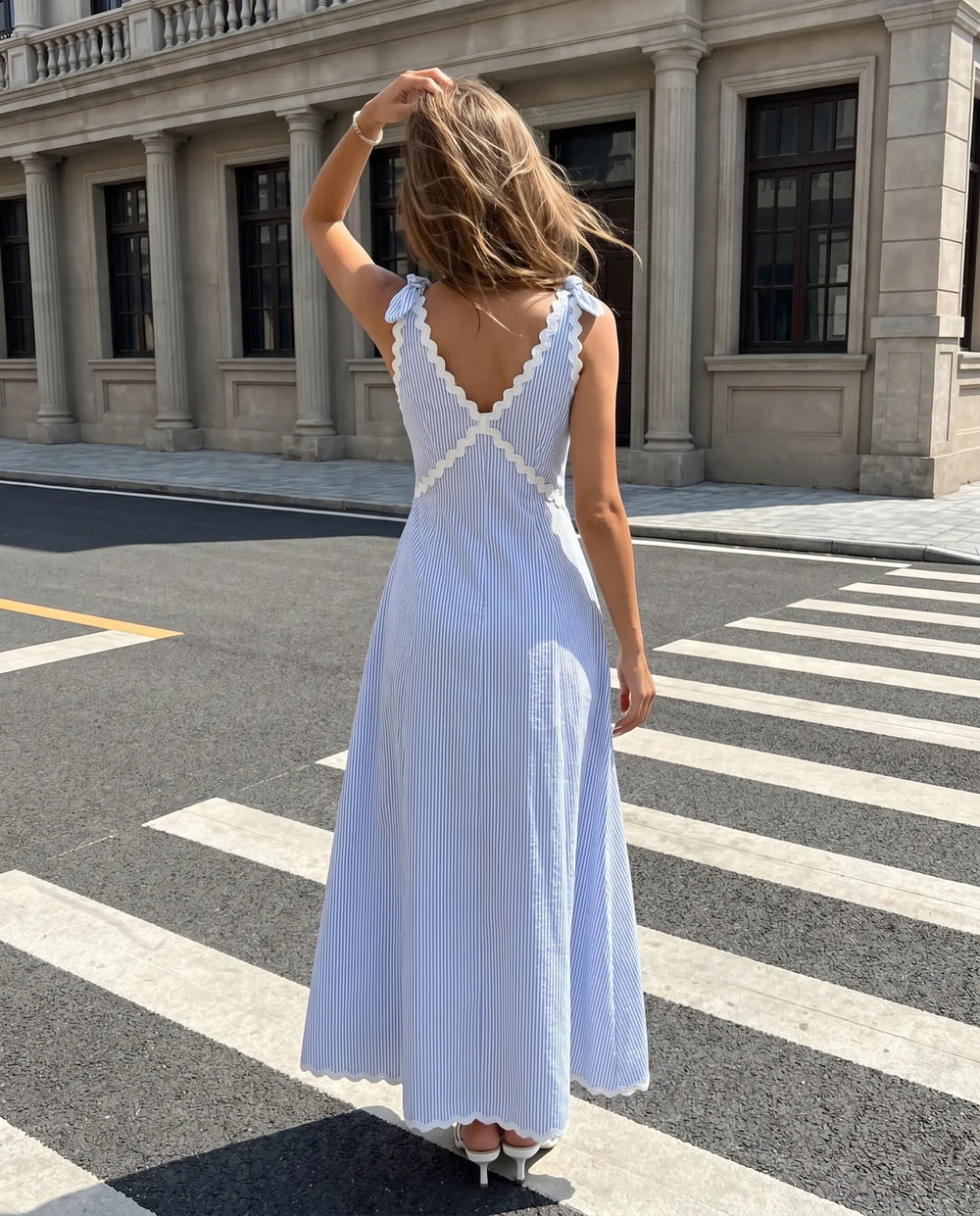 SOLACE  Light Blue V Neck Lace Trim Striped Regular Fit Midi Dress 