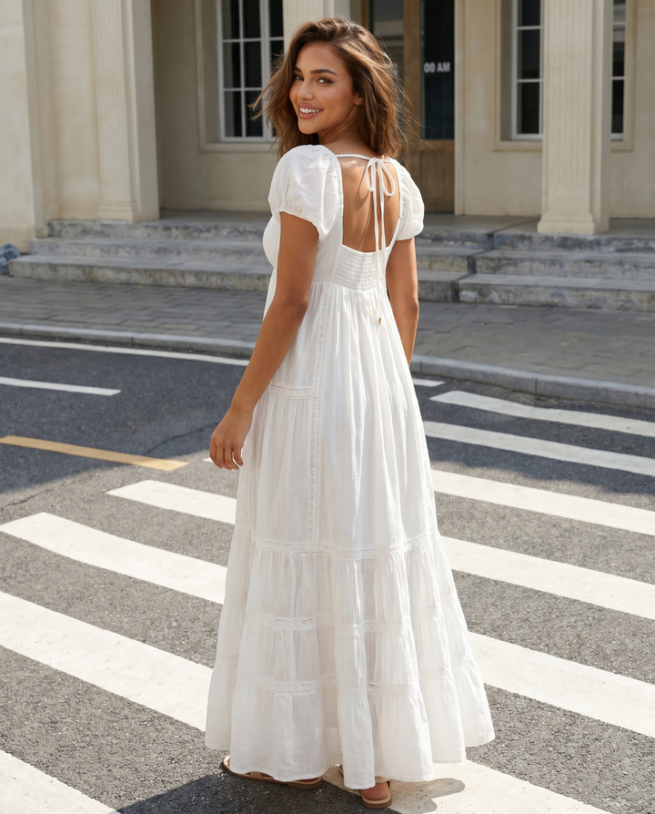 White Puff Sleeve Lace Tiered V Neck Maxi Dress