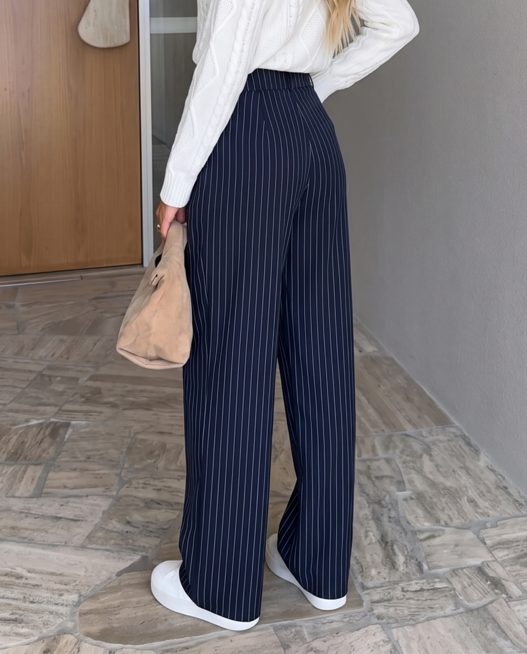 Casual High Waisted Striped Pockets Wide Leg Pants