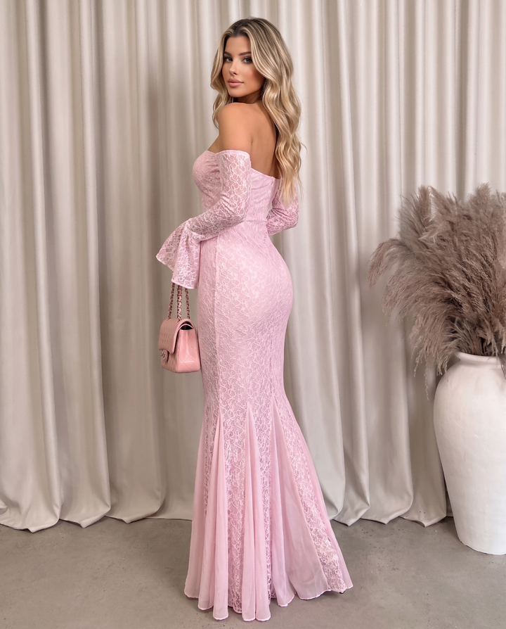 Lace Off Shoulder Bell Sleeve Mermaid Maxi Dress