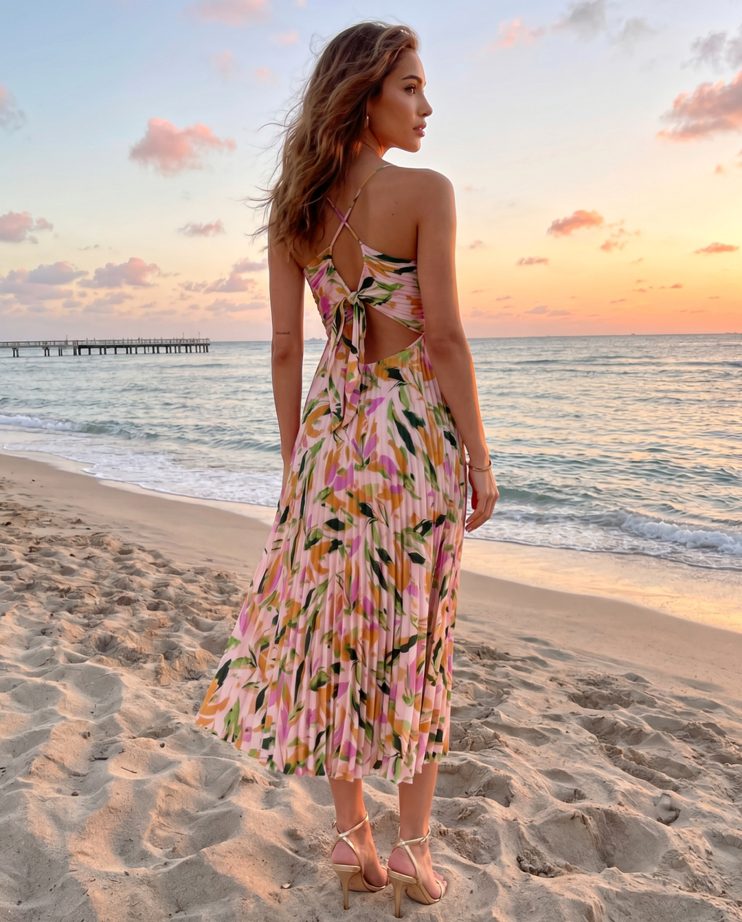 SOLACE  Multicolor Abstract Floral Ruched V Neck Pleated Midi Dress 