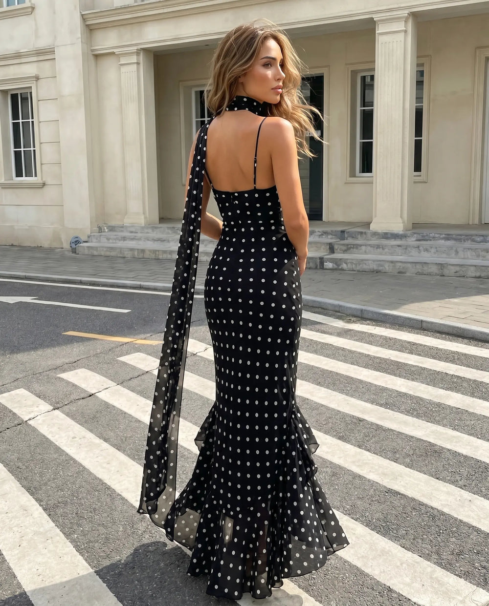 SOLACE  Black Polka Dot Ruffled Mermaid Maxi Dress 