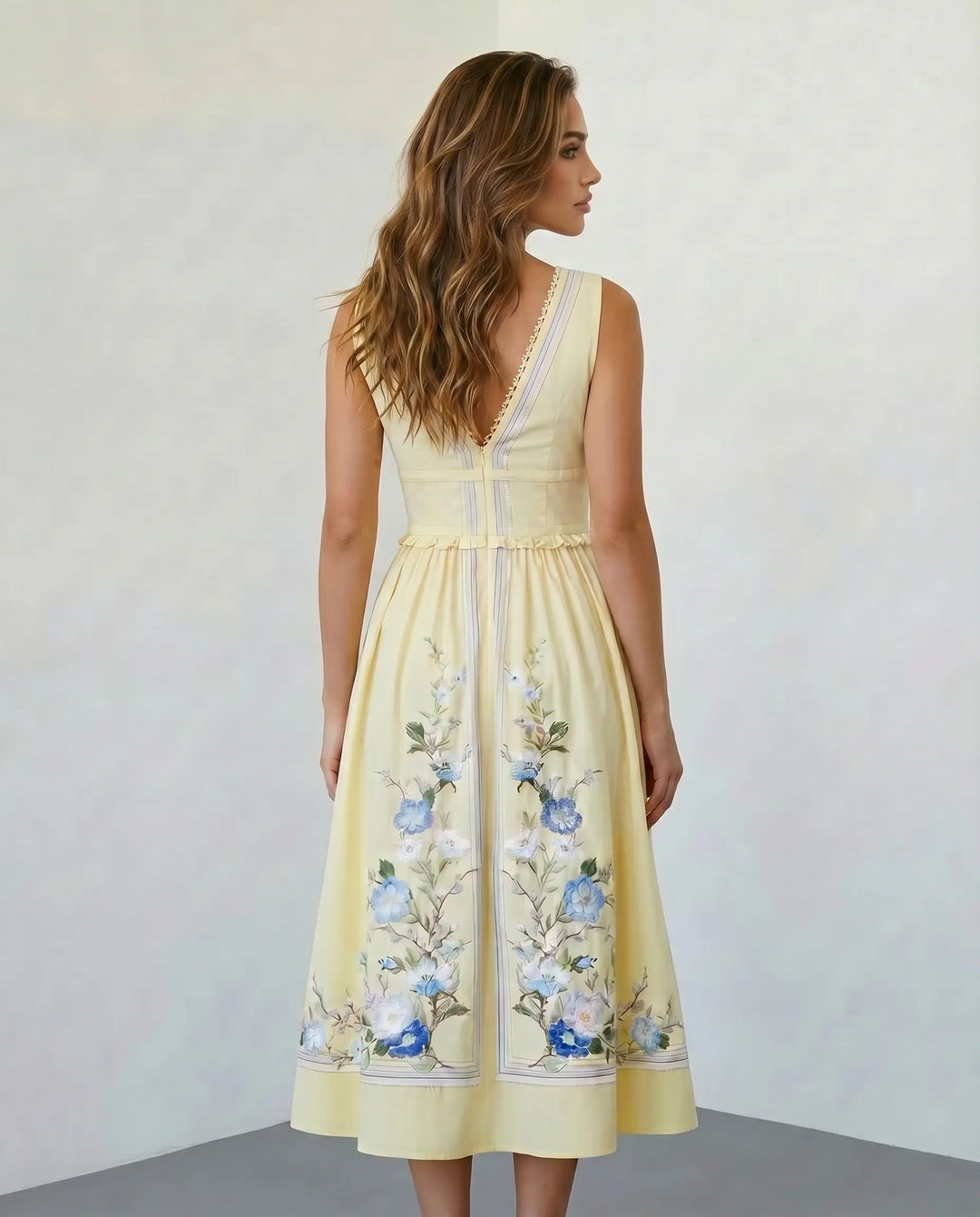 SOLACE  Yellow Floral Embroidery V-Neck Midi Dress 