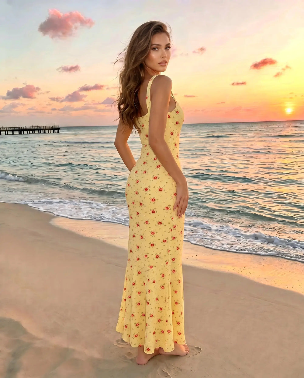 SOLACE  Yellow Floral Print Sleeveless Maxi Dress 