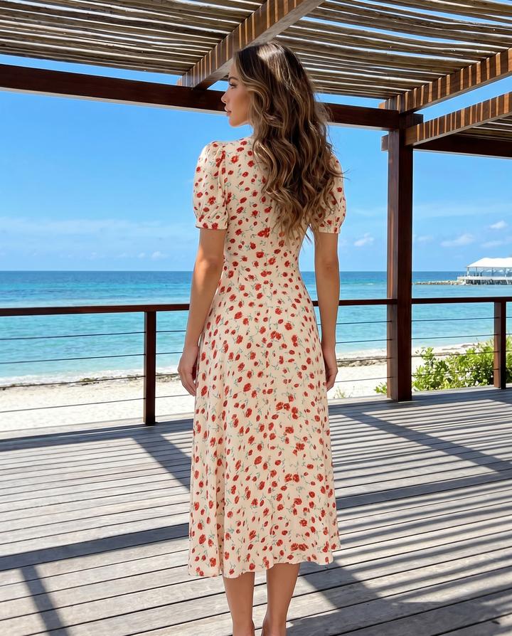 Red Ditsy Floral Deep V Neck Puff Sleeve Midi Dress