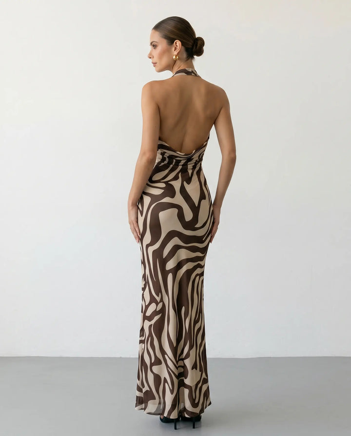 SOLACE  Brown Zebra Print Halter Neck Cowl Neck Maxi Dress 