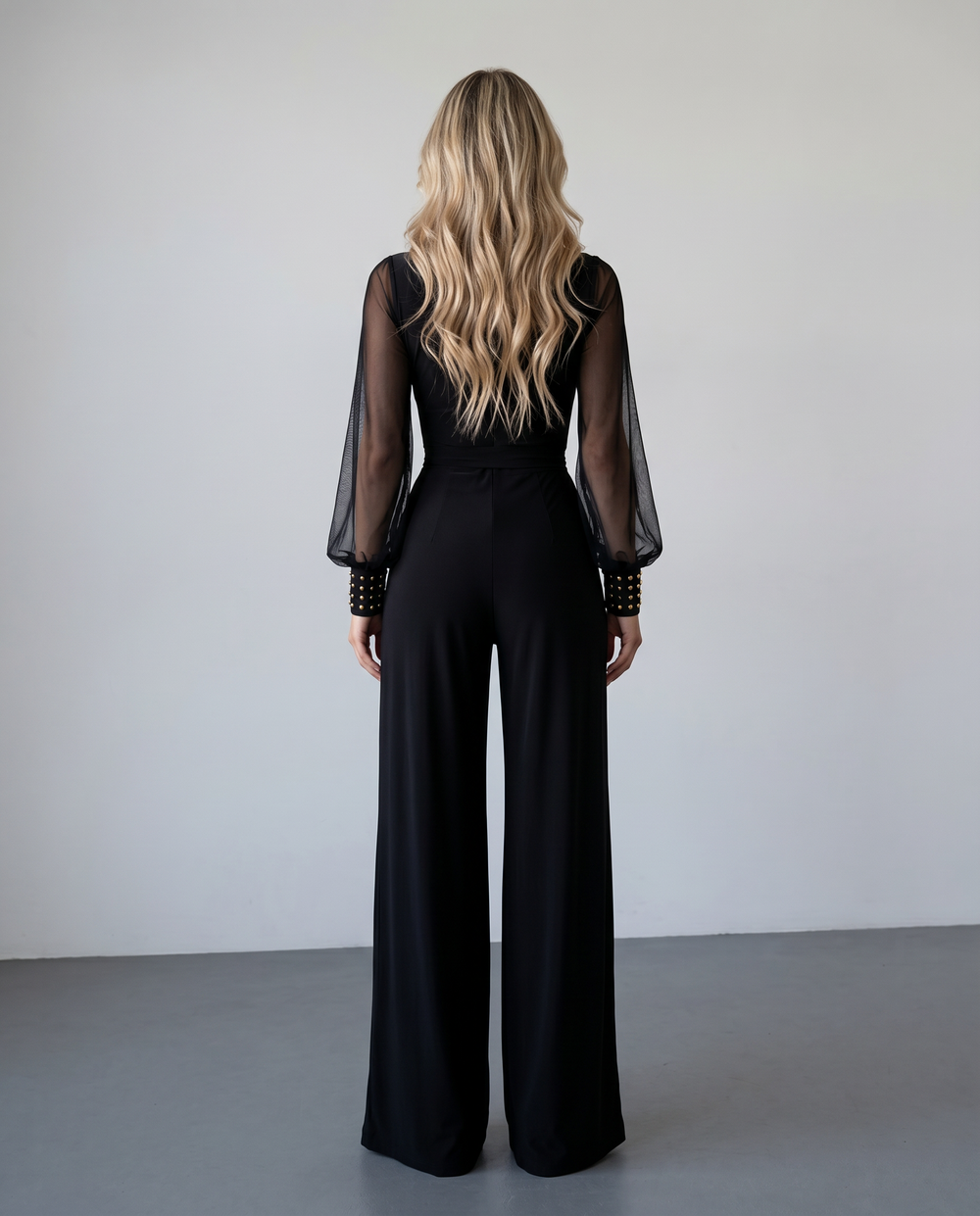 SOLACE  Black Sheer Mesh Sleeve Studded Cuff Slim Fit Long Jumpsuit 