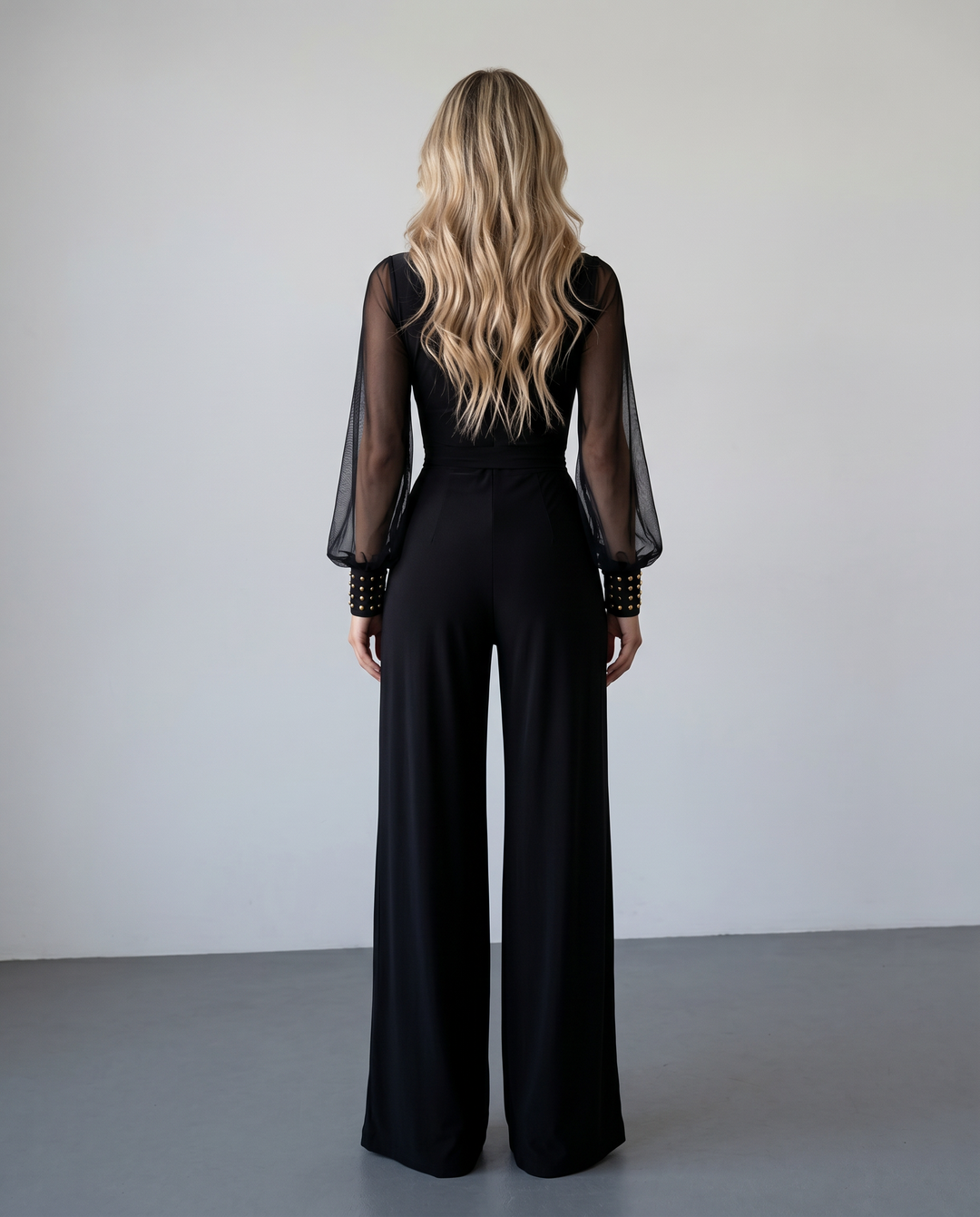 SOLACE  Black Sheer Mesh Sleeve Studded Cuff Slim Fit Long Jumpsuit 