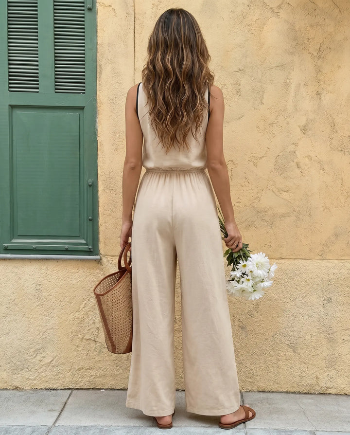 SOLACE  Beige V-Neck Contrast Trim Drawstring Waist Wide Leg Jumpsuit 