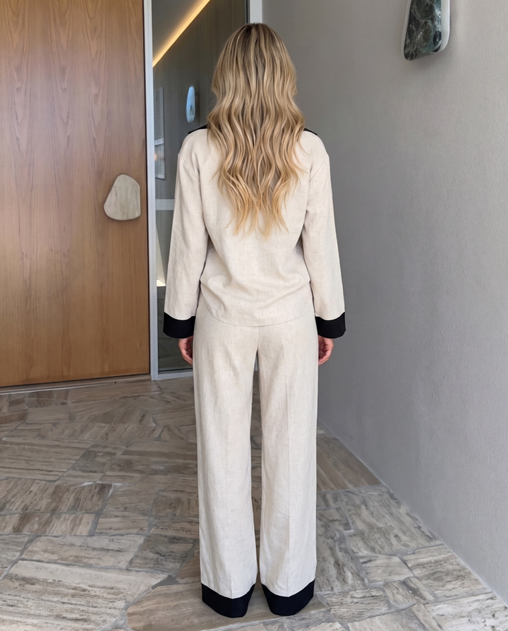 Color Block V Neck Long Sleeve Wide Leg Two Piece Pant Set