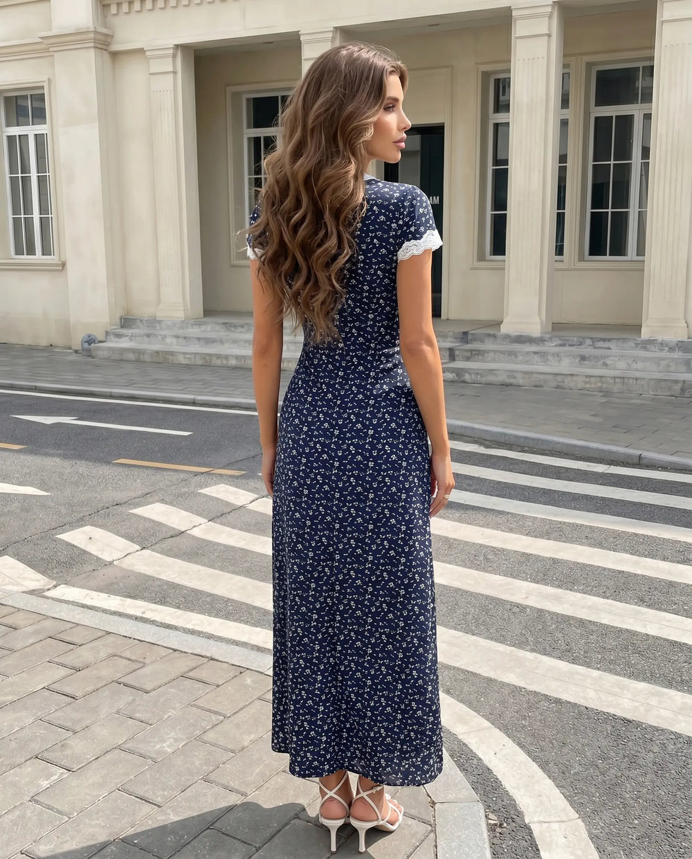 SOLACE  Navy Blue Floral Lace Trim Midi Dress 