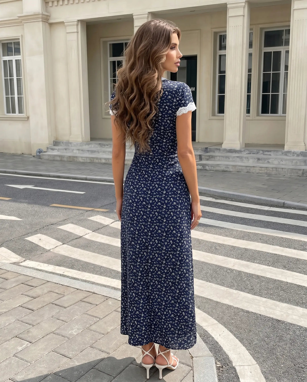 SOLACE  Navy Blue Floral Lace Trim Midi Dress 