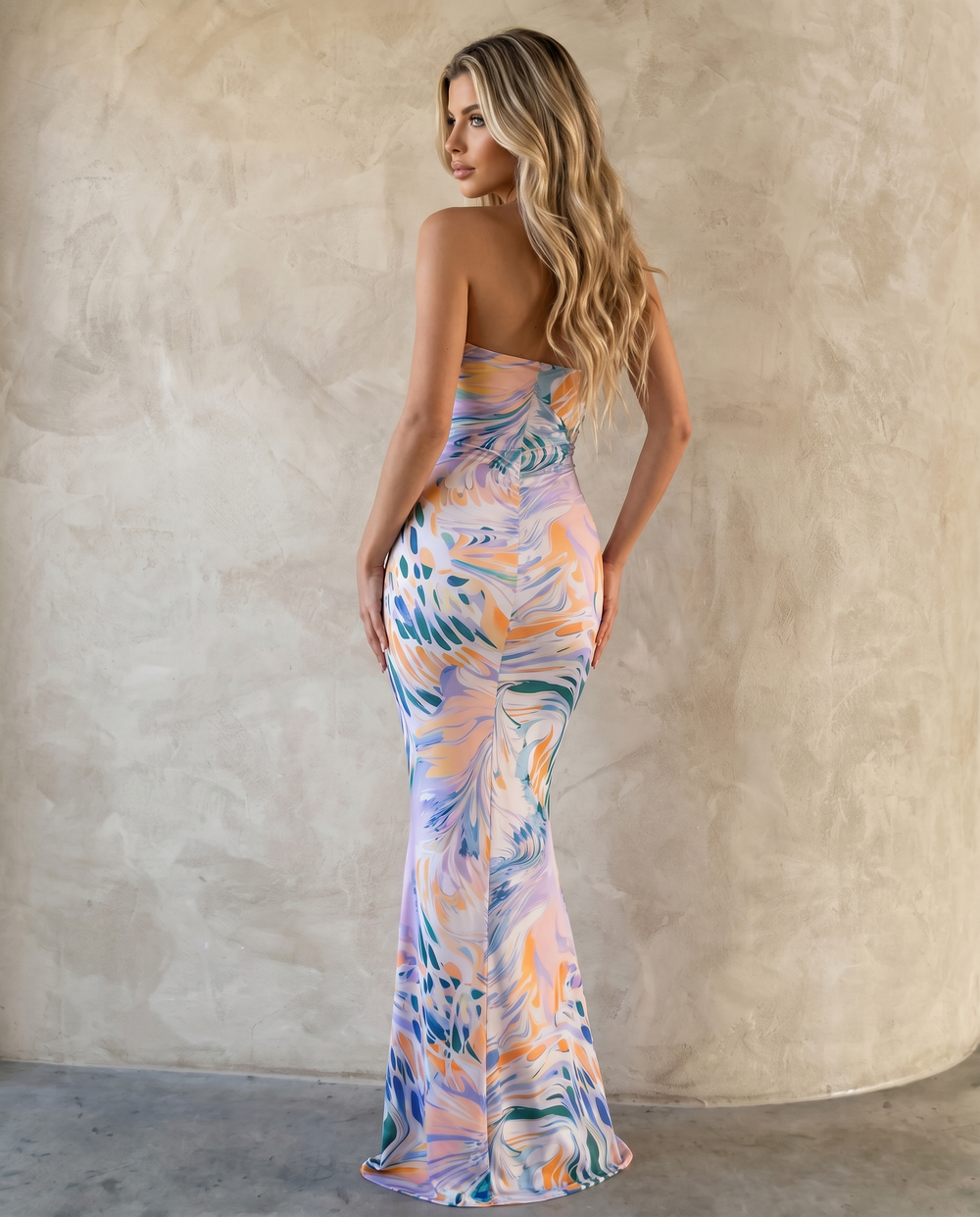 SOLACE  Multicolor Abstract Print Strapless Mermaid Maxi Dress 