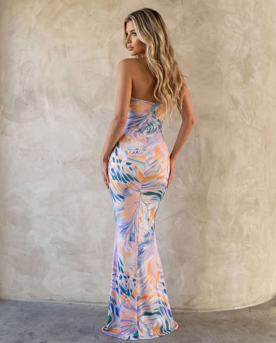 SOLACE  Multicolor Abstract Print Strapless Mermaid Maxi Dress 