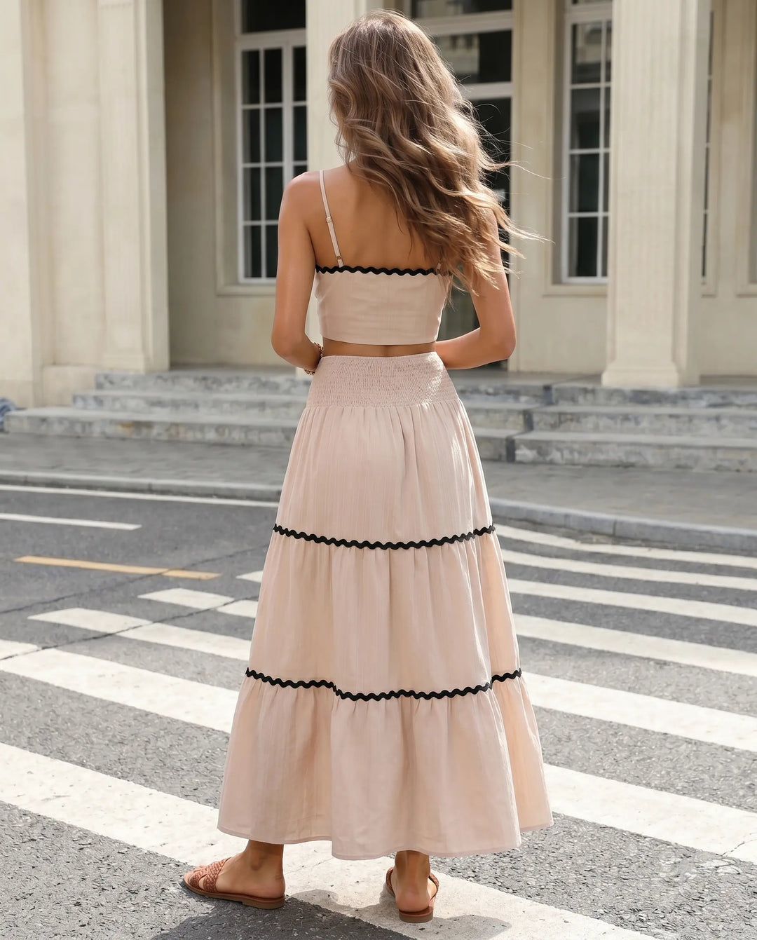 SOLACE  Beige Ric Rac Trim Crop Top Tiered Maxi Skirt Set 