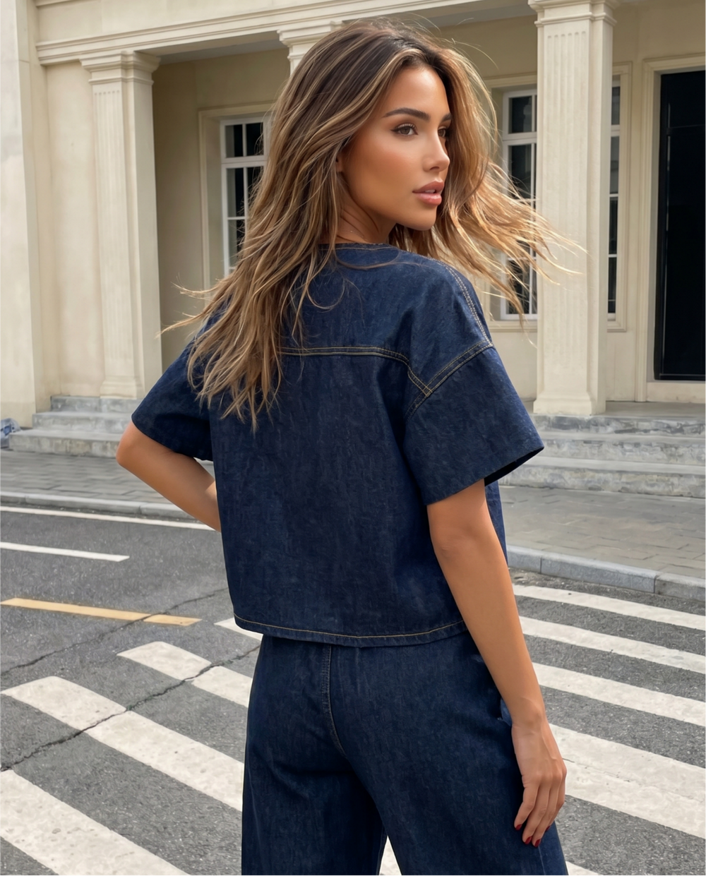 SOLACE  Dark Denim Tie Front Short Sleeve Top 