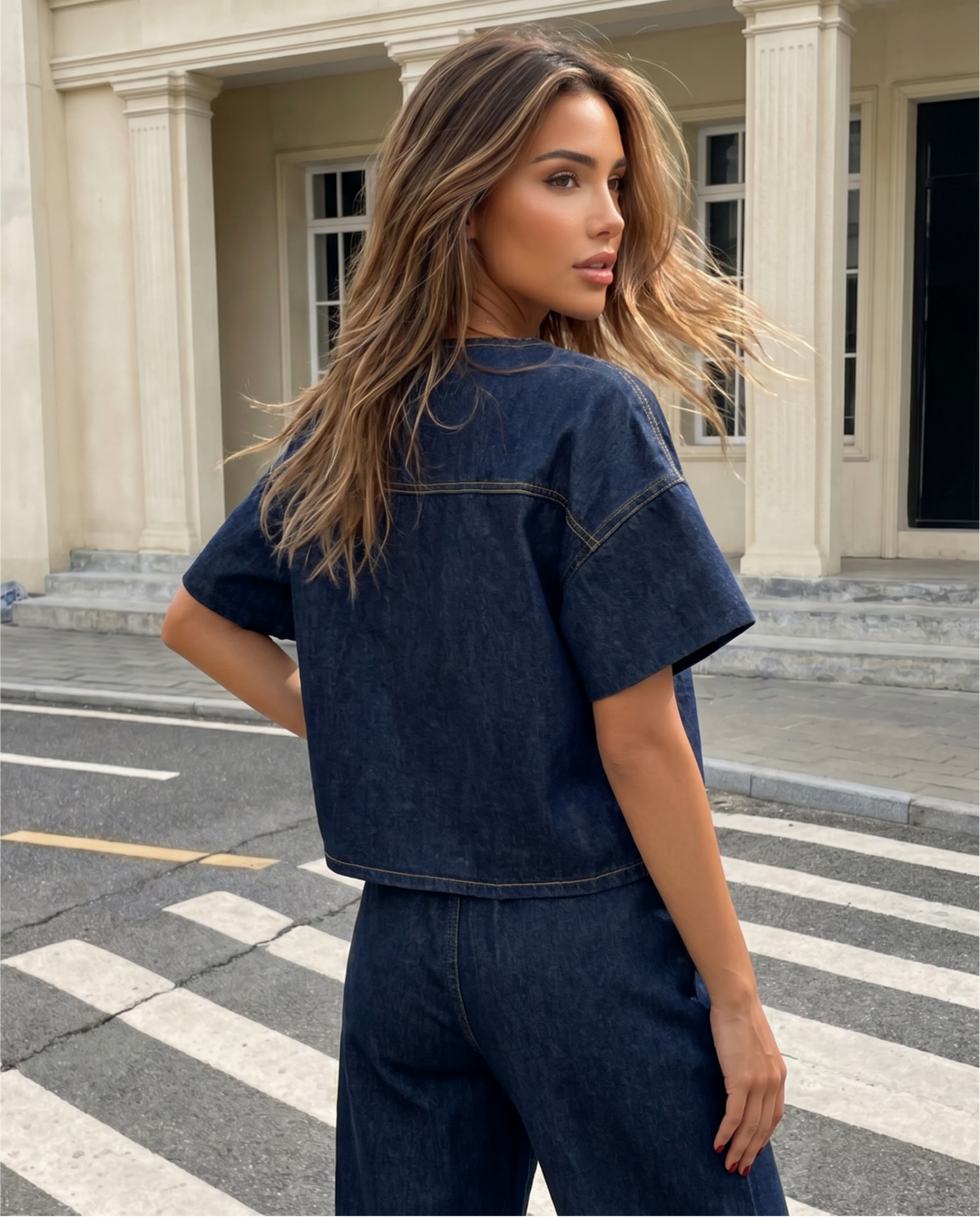 SOLACE  Dark Denim Tie Front Short Sleeve Top 