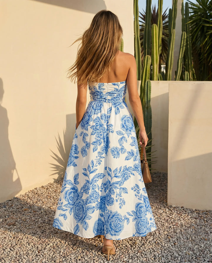 SOLACE  Blue Floral Print Strapless A-Line Maxi Dress 