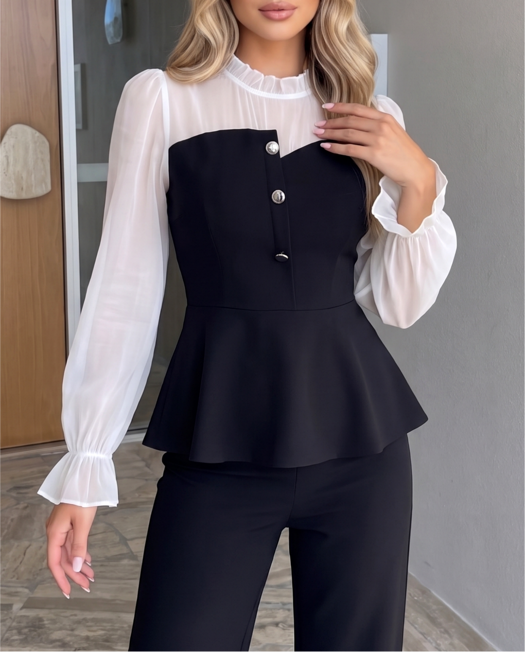 Ruffle Mock Neck Long Sleeve Blouse