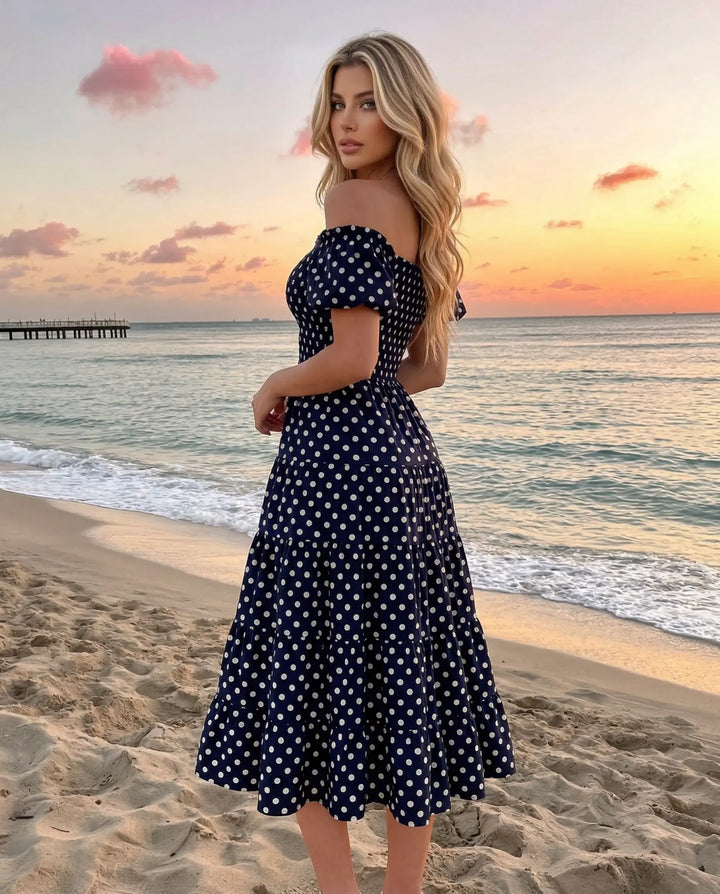 SOLACE  Navy Blue Polka Dot Off-Shoulder Tiered Midi Dress 