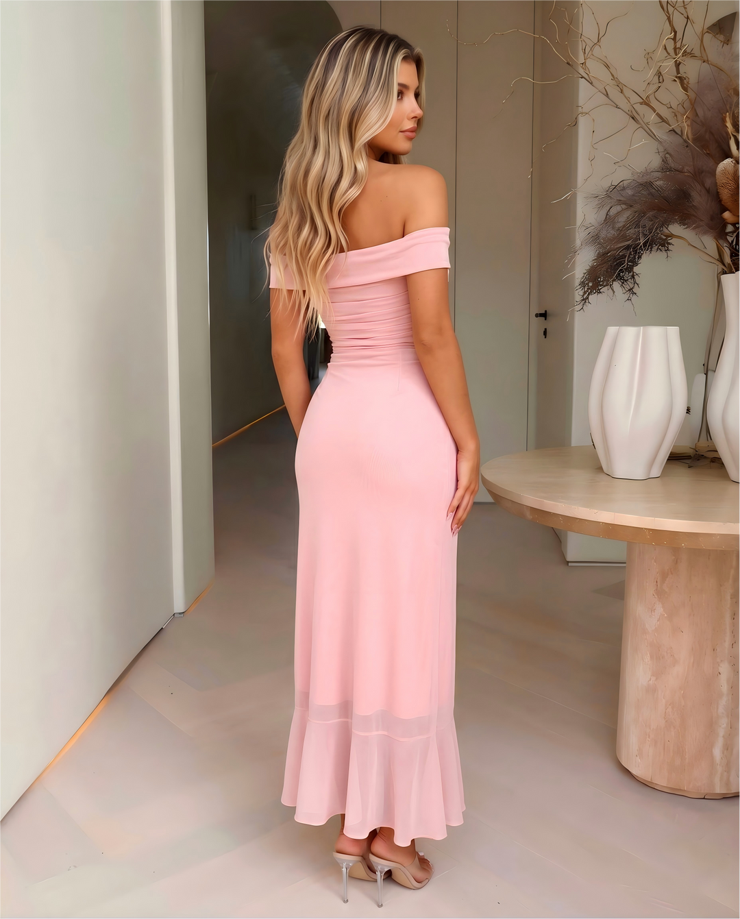 Blush Pink Off Shoulder Ruched Ruffle Slit Midi Dress