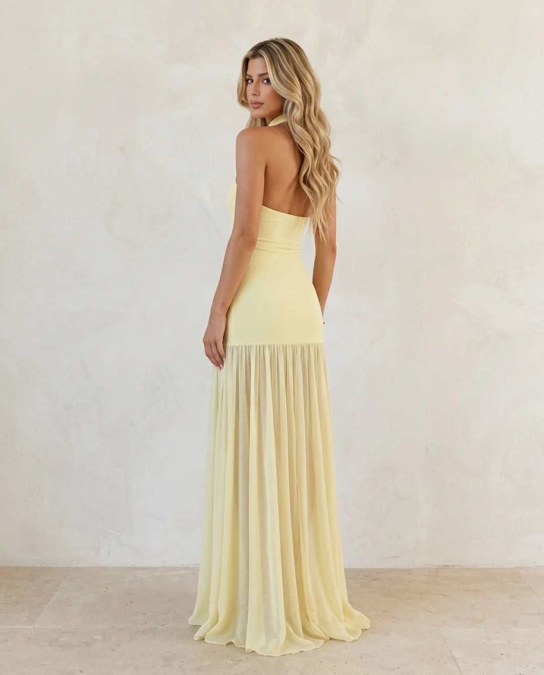 SOLACE  Yellow Halter Neck Backless Chiffon Ruffle Hem Splicing Maxi Dress 