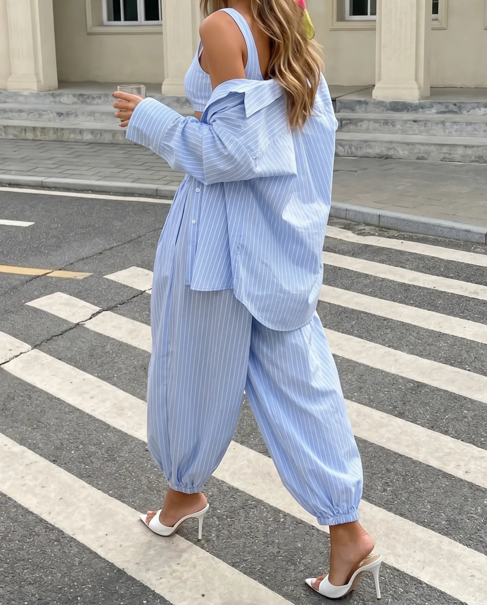SOLACE  Blue Striped Cotton Harem Relaxed Fit Ankle Length Pants 