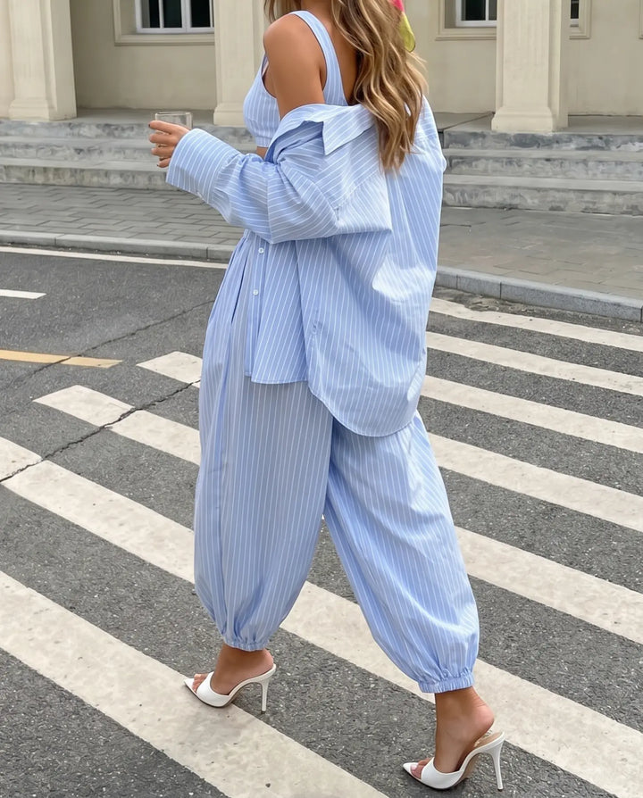 SOLACE  Blue Striped Cotton Harem Relaxed Fit Ankle Length Pants 