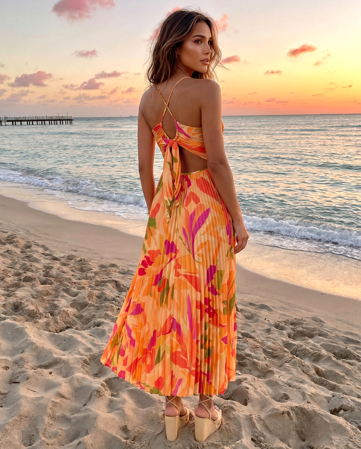 Orange Tropical Print Twisted V Neck Pleated Midi Dress
