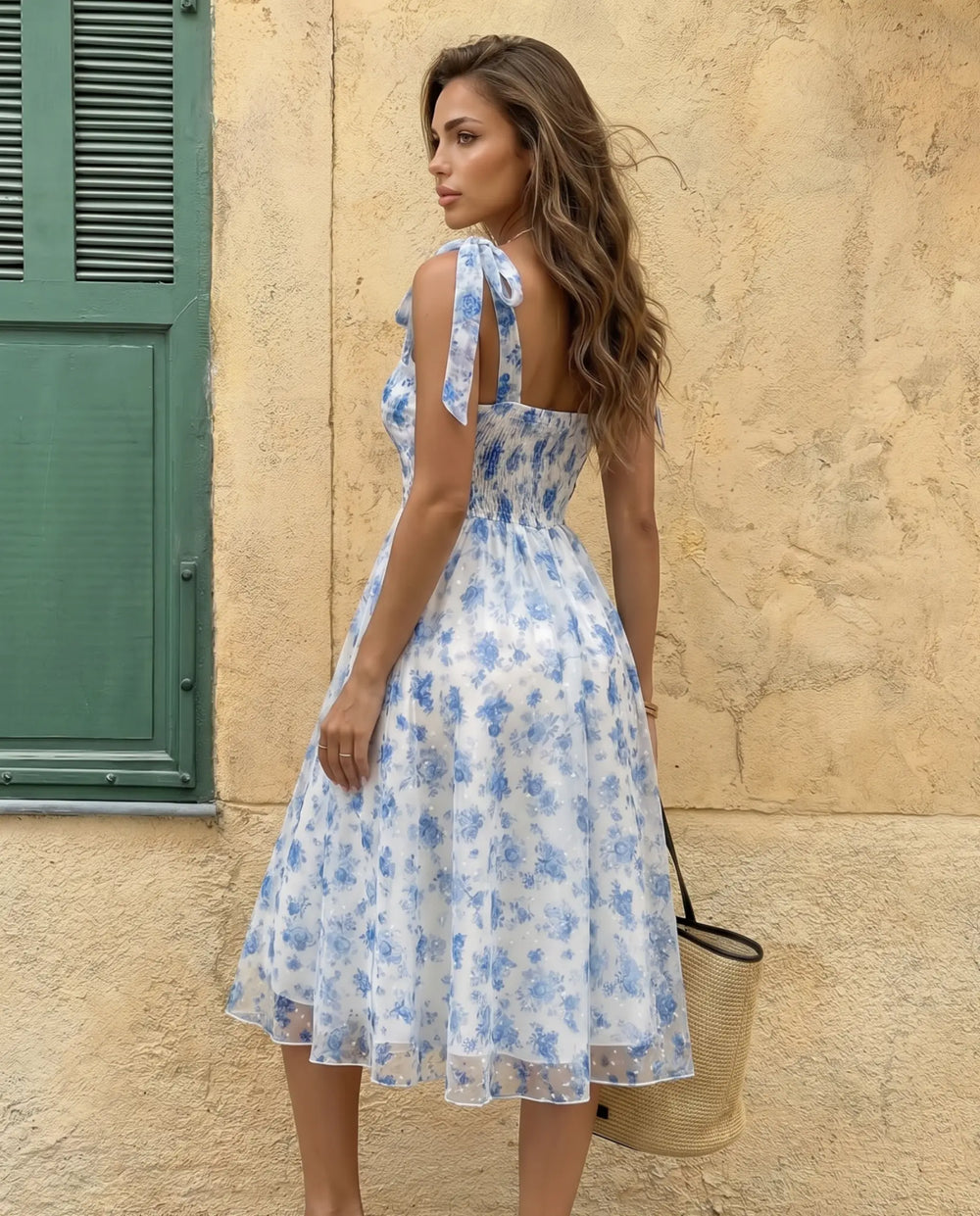 SOLACE  Blue Floral Print Bow Strap Twist Front Midi Dress 