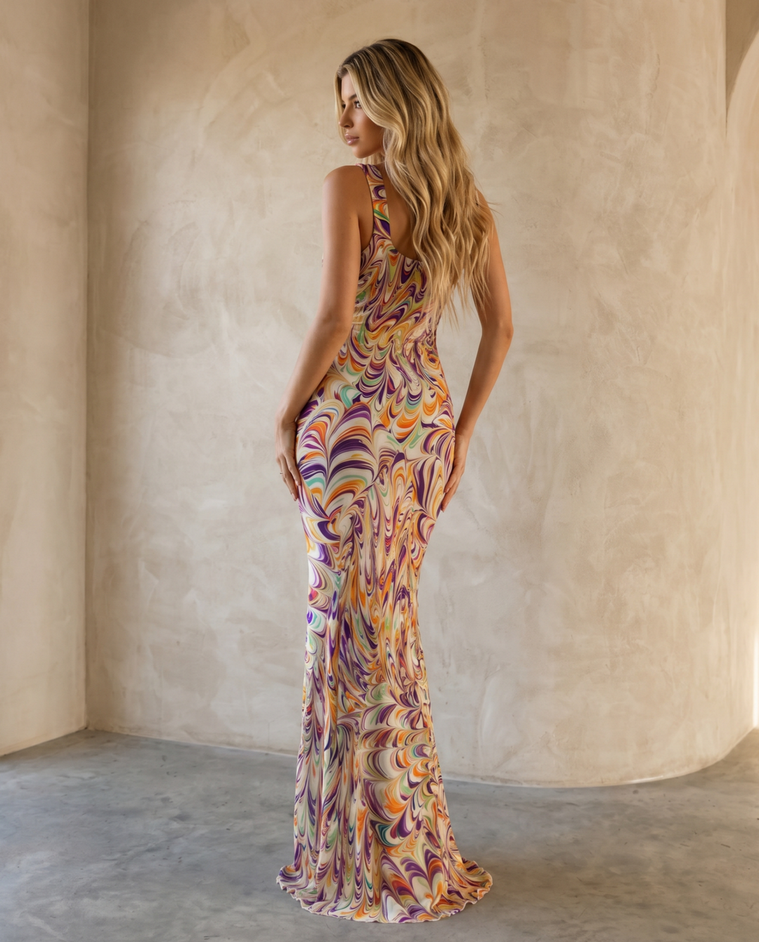 SOLACE  Multicolor Marble Print Halter Neck Mermaid Maxi Dress 