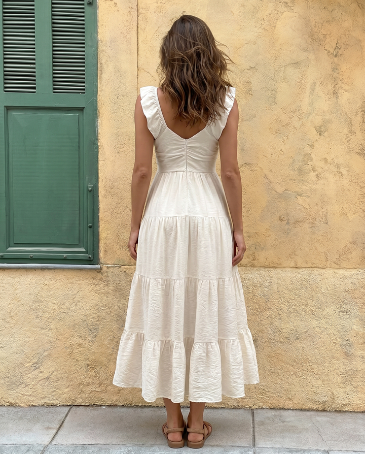 SOLACE  White Ruffle Cap Sleeve V-Neck Tiered Midi Dress 