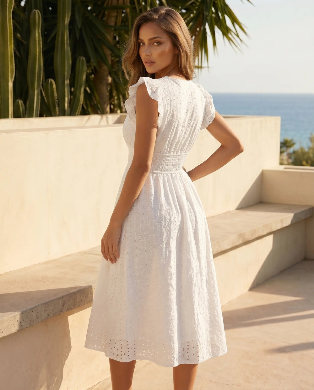 SOLACE  White Eyelet Embroidery Ruffle Sleeve Midi Dress 