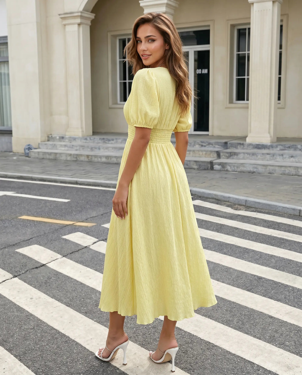 SOLACE  Yellow V-neck Button Front Smocked Slim Fit Midi Dress 
