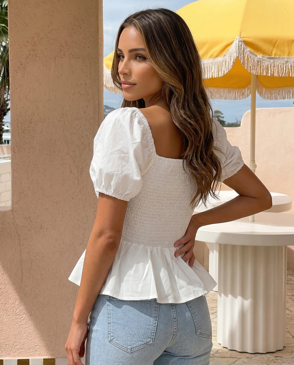 SOLACE  White Square Neck Puff Sleeve Tie-Front Peplum Blouse 
