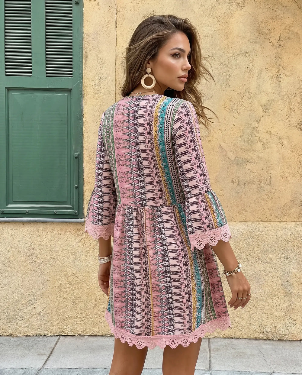 SOLACE  Bohemian Print V Neck Half Sleeve Lace Trim Mini Dress 